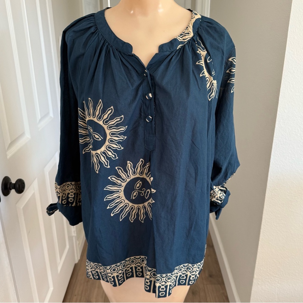 Natalie Martin Anthropologie Peasant Style Sun Print Blouse Size Medium